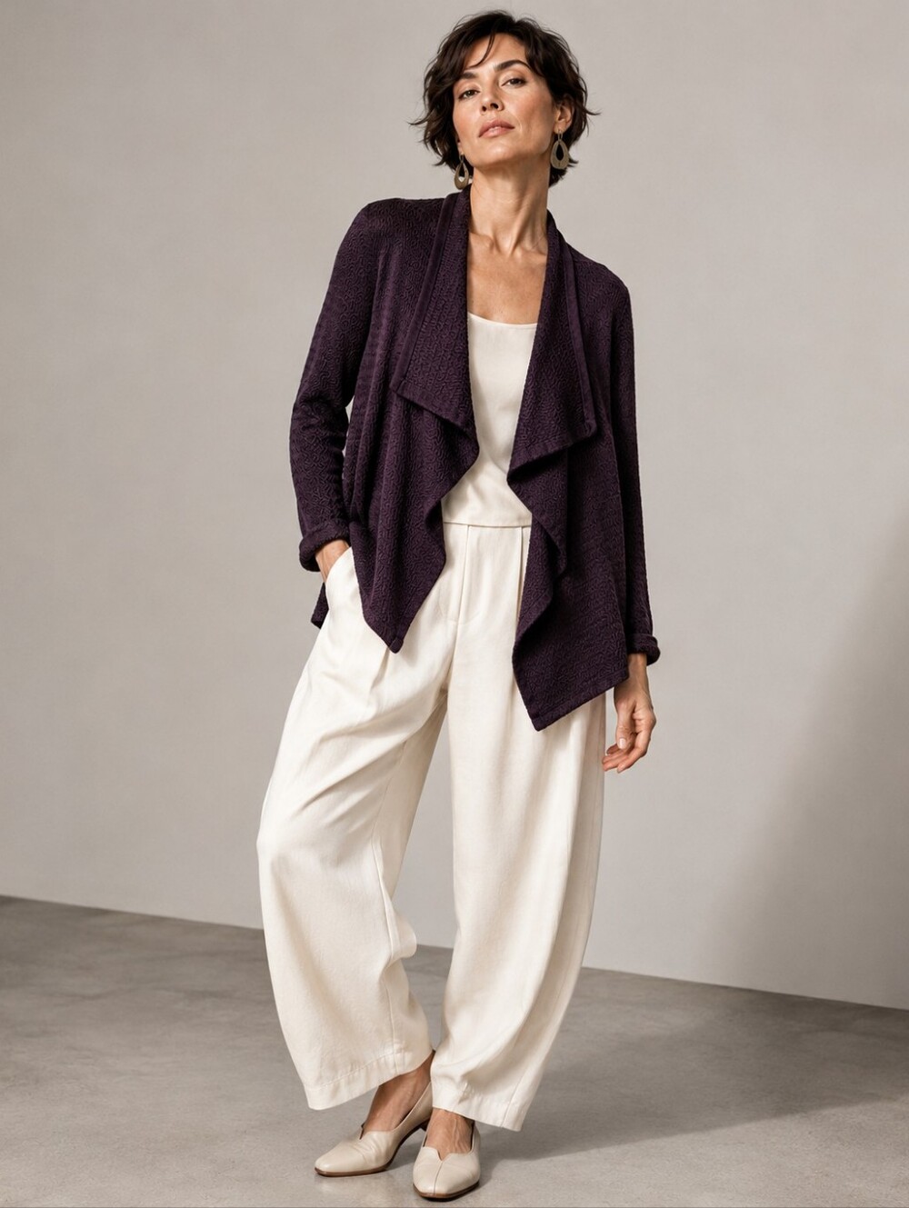 Eileen Fisher 100% Silk Textured Open Front Cardigan Plum Size S